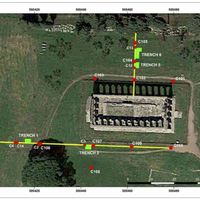 Fig. 1. Map showing the location of the north-south and east-west transect lines, trenches 1, 2, 5, and 6, the series of machine-made cores (101-110), and several of the cores made by hand on the transect lines. (M. Silani and M. Holobosky)