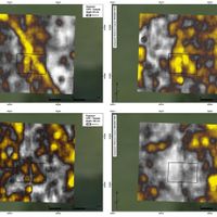Fig. 5. Four GPR images of the area on the east side of trench 1. They are at depths in the ground of respectively 40, 80, 100 and 120 cm. At 100 cm, the western edge of the mound is documented (images produced by F. Boschi).