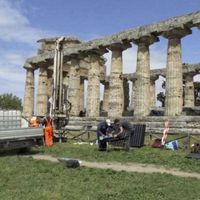 Fig. 6. View of core 109 being made on the south side of the temple of Athena. (photo A.J. Ammerman)