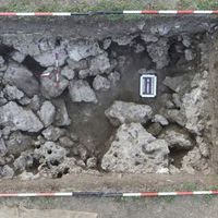 Fig. 9. Overhead photograph of the travertine masses exposed by the excavation in trench 5. (photo M. Holobosky)