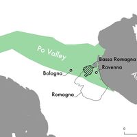 Fig.1. Northern Italy and the Po Valley, the Romagna region, and the area investigated (the Bassa Romagna).