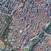 Fig. 6. Hypothetical trace of the defensive walls in Roman period. 1) Sant’Angelo gate; 2) San Giovanni gate; 3) Sesto gate; 4) Roman gate.
