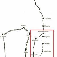 Fig. 7. Extraurban road network from Rome. In the red square the two branches of uia Flaminia (reworked version of Coarelli, Sisani 2008).